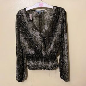 Snake print women’s cinched waist chiffon top. Size: Small. Good Luck Gem brand